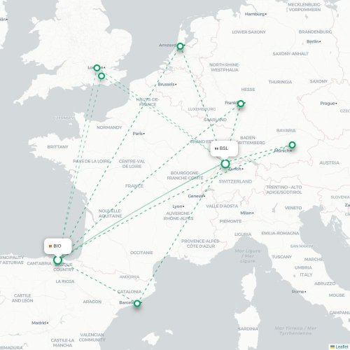 Mapa de vuelo directo Bilbao - Basilea, Suiza