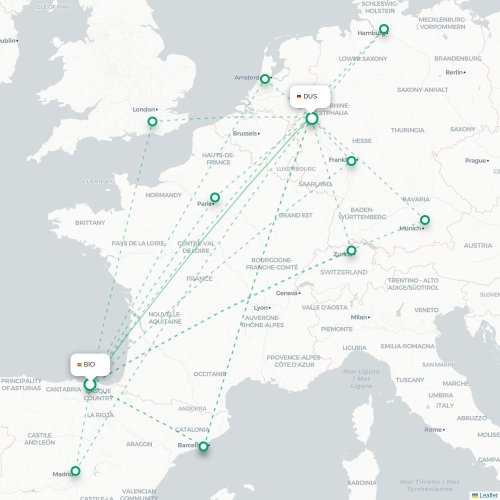 Mapa de vuelo directo Bilbao - Düsseldorf