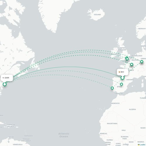 Bilbao – Newark suoran lennon kartta