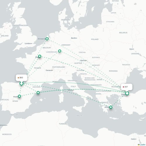 Mapa de vuelo directo Bilbao - Estambul