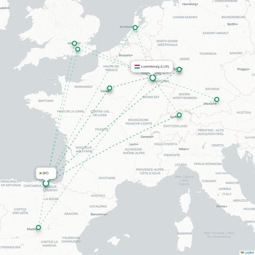 Mapa de vuelo directo Bilbao - Luxemburgo