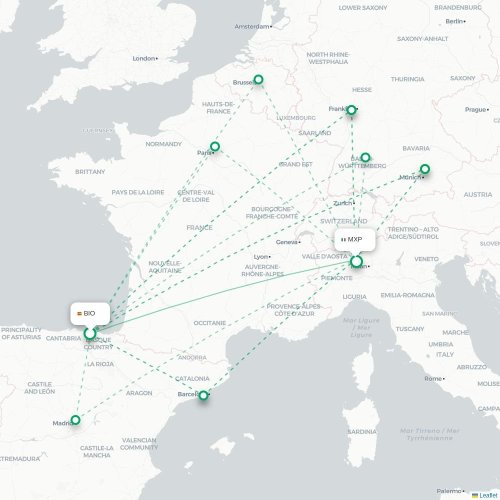 Mapa de vuelo directo Bilbao - Milán