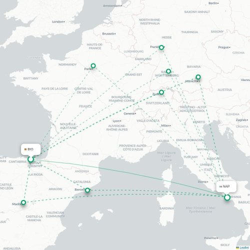 Mapa de vuelo directo Bilbao - Nápoles