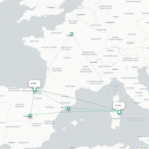 Mapa de vuelo directo Bilbao - Olbia