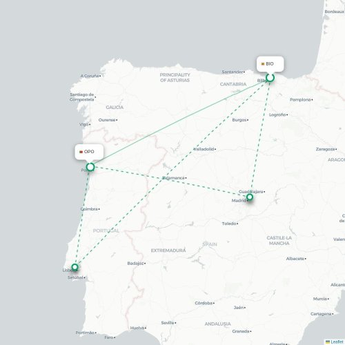 Mapa de vuelo directo Bilbao - Oporto