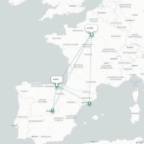 Mapa de vuelo directo Bilbao - París