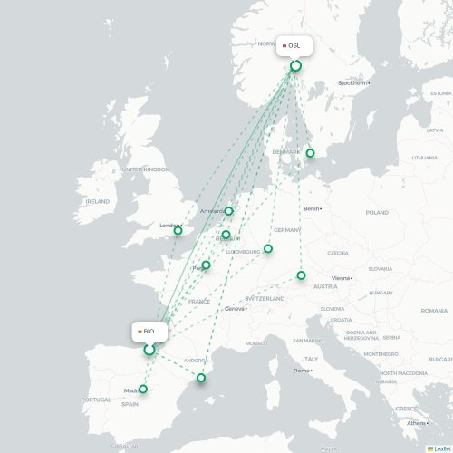 Mapa de vuelo directo Bilbao - Oslo