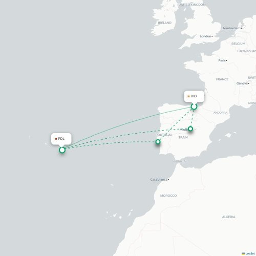 Mapa de vuelo directo Bilbao - Ponta Delgada