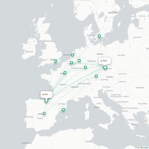 Mapa lotu bezpośredniego Bilbao – Praga