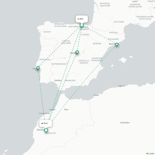 Mapa de vuelo directo Bilbao - Marrakech