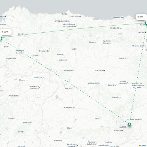 Mapa de vuelo directo Bilbao - Santiago de Compostela