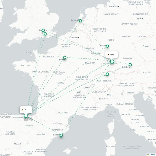 Mapa de vuelo directo Bilbao - Stuttgart
