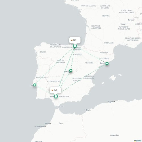 Mapa de vuelo directo Bilbao - Sevilla