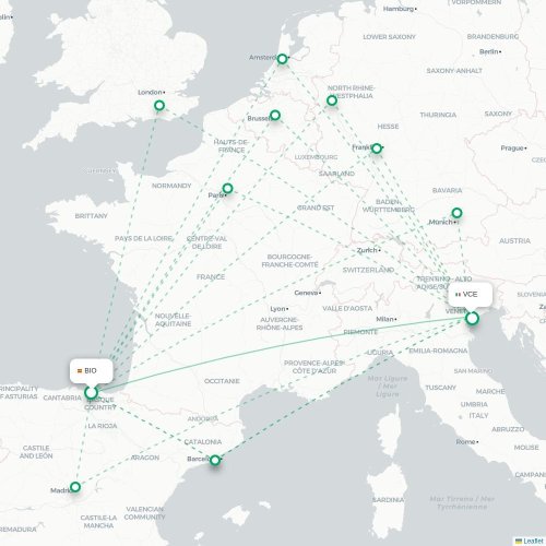 Mapa de vuelo directo Bilbao - Venecia