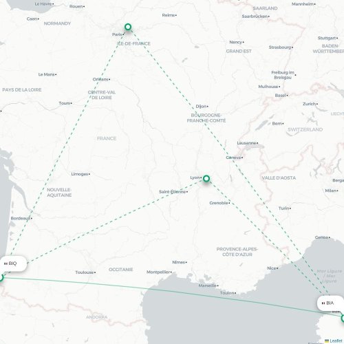 Mapa de vuelo directo Biarriz - Bastia