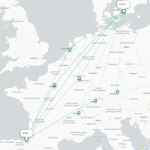 Mapa de vuelo directo Biarriz - Copenhague