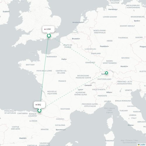 Mapa de vuelo directo Biarriz - Londres