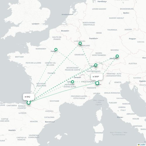 Mapa de vuelo directo Biarriz - Milán
