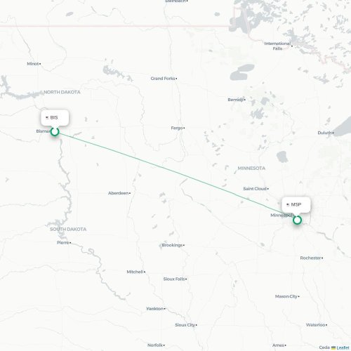 Mapa de vuelo directo Bismarck - Mineápolis