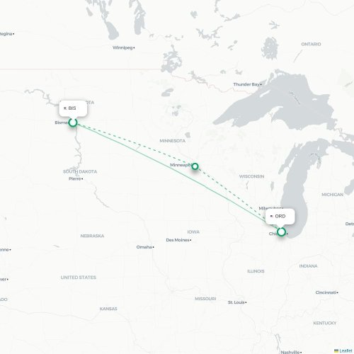 Mapa de vuelo directo Bismarck - Chicago