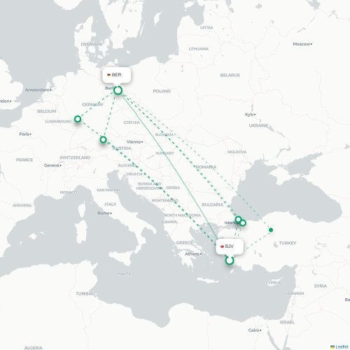 Mapa de vuelo directo Bodrum - Berlín