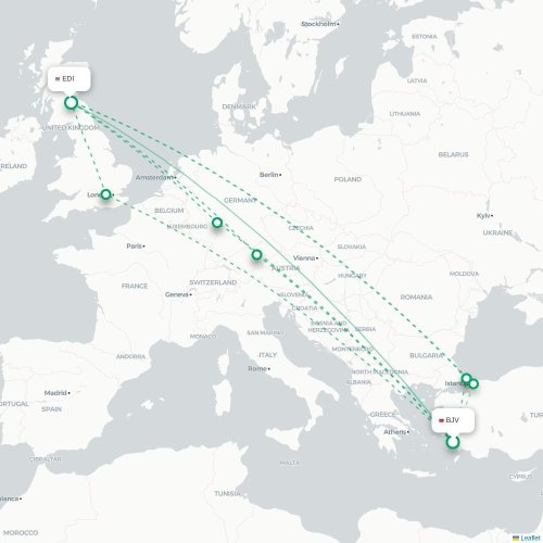 Mapa de vuelo directo Bodrum - Edimburgo
