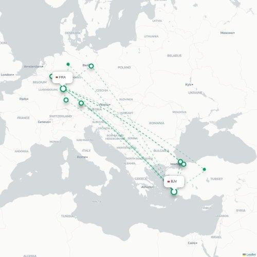 Mapa de vuelo directo Bodrum - Fráncfort