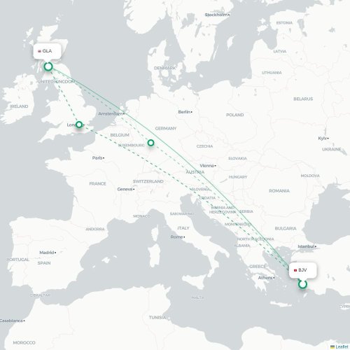 Mapa de vuelo directo Bodrum - Glasgow