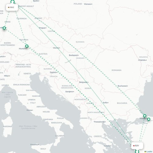 Mapa de vuelo directo Bodrum - Hannover