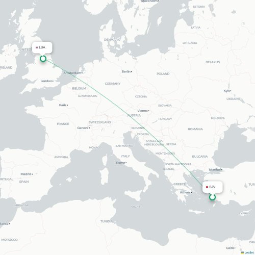 Mapa de vuelo directo Bodrum - Leeds, Condado de Yorkshire del Oeste