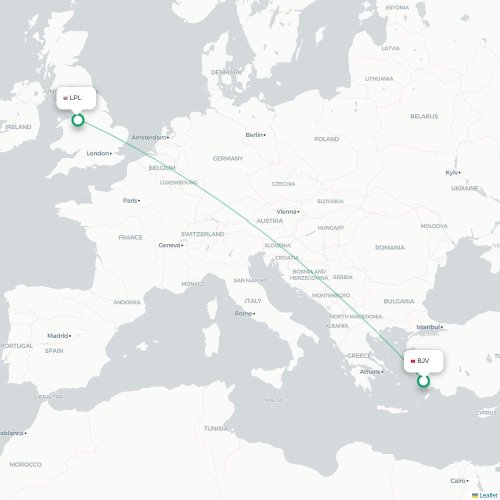 Mapa de vuelo directo Bodrum - Liverpool