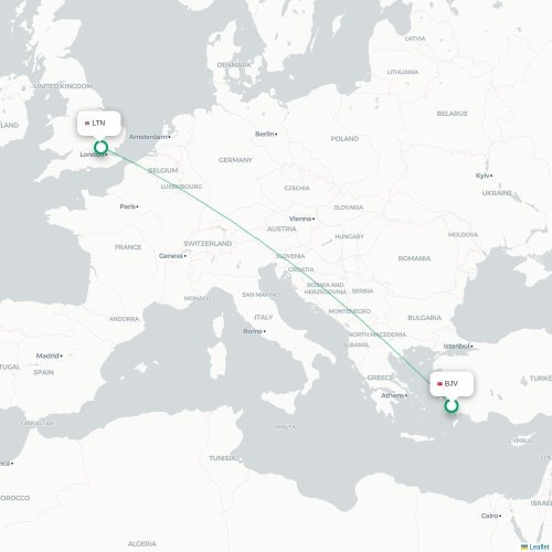 Mapa de vuelo directo Bodrum - Londres