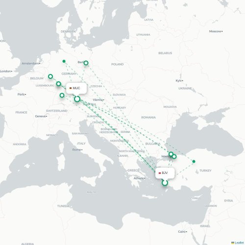 Mapa de vuelo directo Bodrum - Múnich