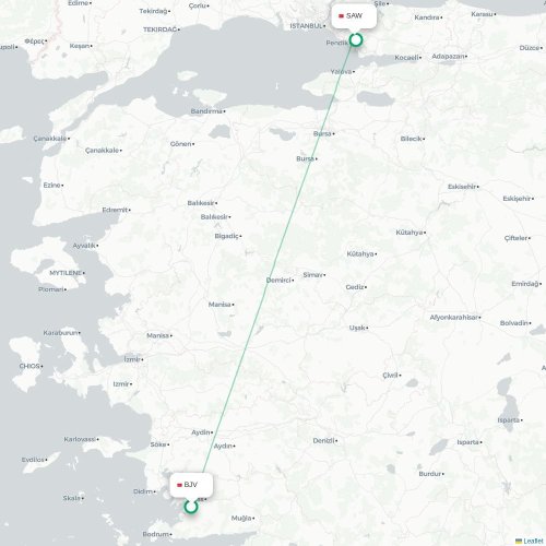 Mapa de vuelo directo Bodrum - Estambul