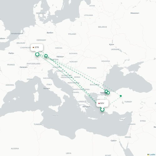 Mapa de vuelo directo Bodrum - Stuttgart