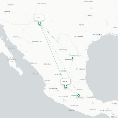 Mapa lotu bezpośredniego León – Ciudad Juárez