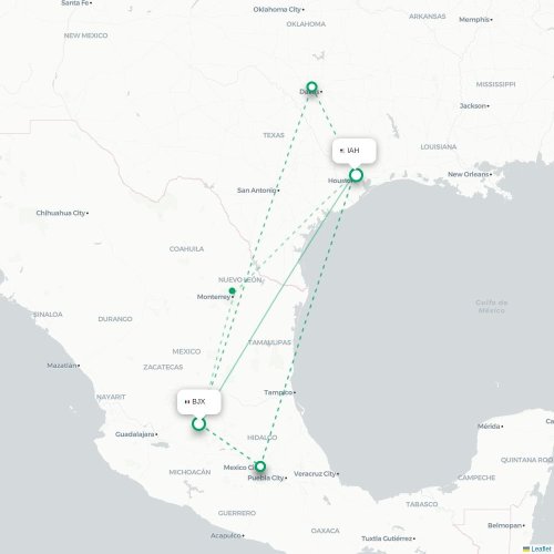 Mapa lotu bezpośredniego León – Houston