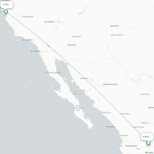 Mapa lotu bezpośredniego León – San Jose