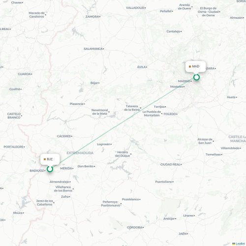 Mapa de vuelo directo Badajoz - Madrid