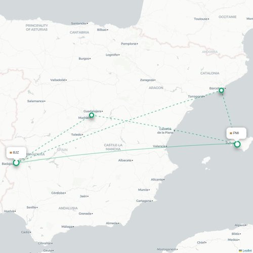 Badajoz – Mallorca suoran lennon kartta