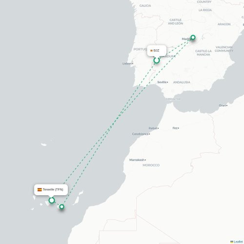 Badajoz – Santa Cruz de Teneriffa suoran lennon kartta