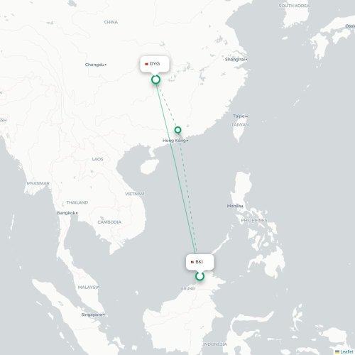 Mapa lotu bezpośredniego Kota Kinabalu – Zhangjiajie