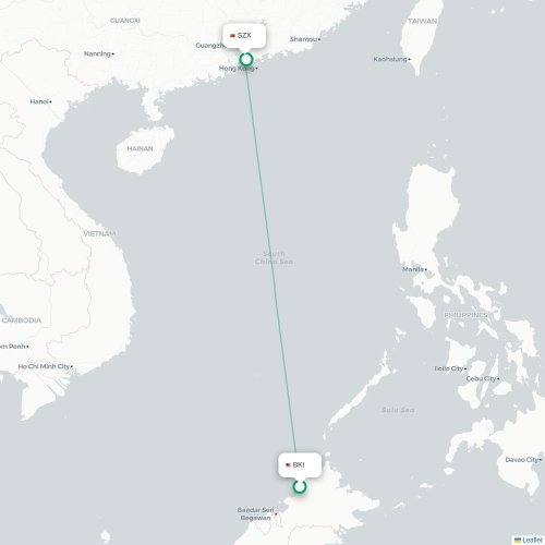 Mapa lotu bezpośredniego Kota Kinabalu – Shenzhen