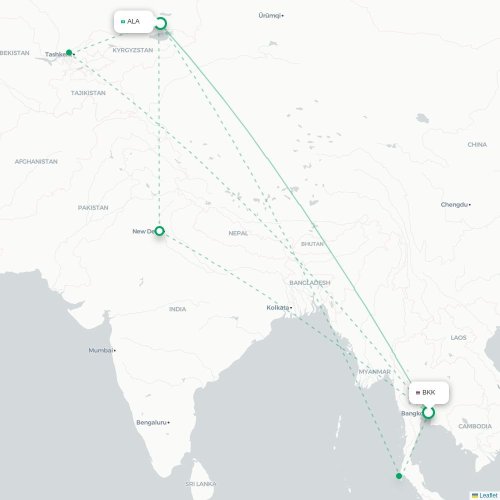 Mapa lotu bezpośredniego Bangkok – Ałmaty