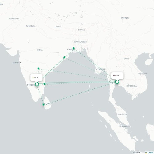 Bangkok – Bangalore suoran lennon kartta