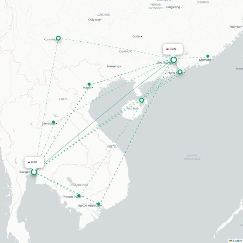 Mapa lotu bezpośredniego Bangkok – Kanton