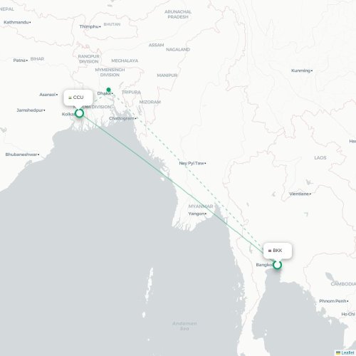 Bangkok – Kalkutta suoran lennon kartta