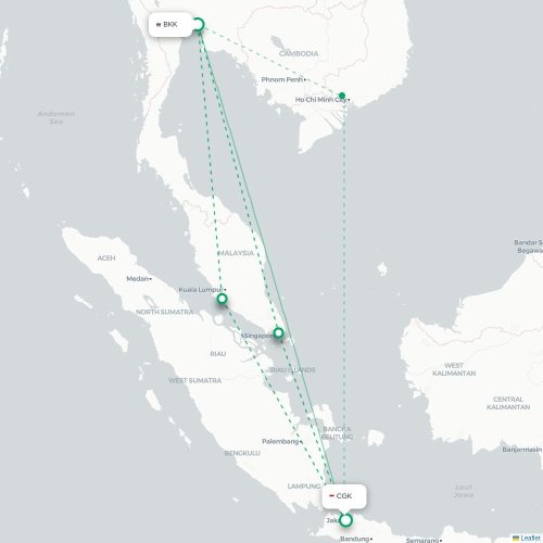 Mapa lotu bezpośredniego Bangkok – Dżakarta