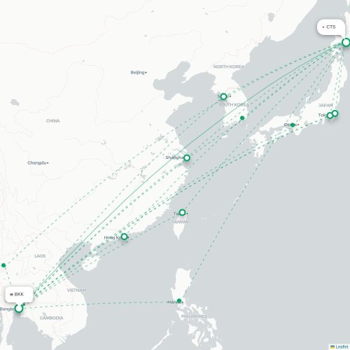 Mapa lotu bezpośredniego Bangkok – Sapporo