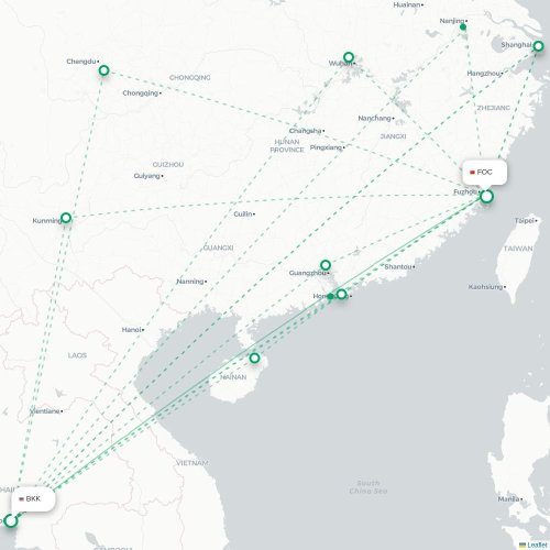 Mapa lotu bezpośredniego Bangkok – Fuzhou